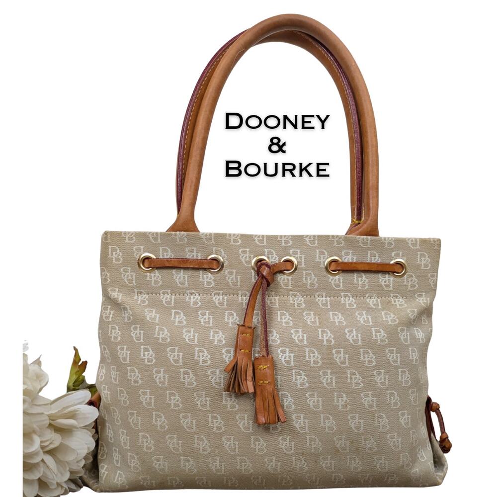 Dooney & Bourke VTG Mini Tote Satchel Bag Tan Logo Canvas Leather Handle Tassel